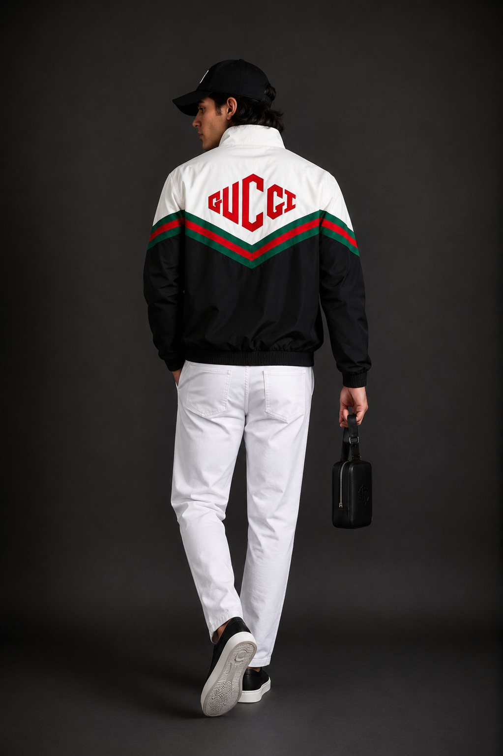 (CJ-7) Premium Men's Color Block Zip-Up Jacket – White & Black with Signature Green-Red Stripe