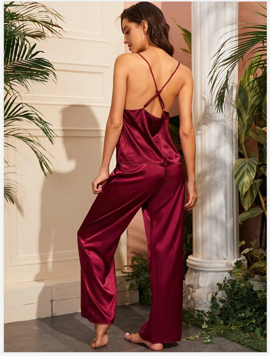 cross straps satin silk cami pajama CHK # P44
