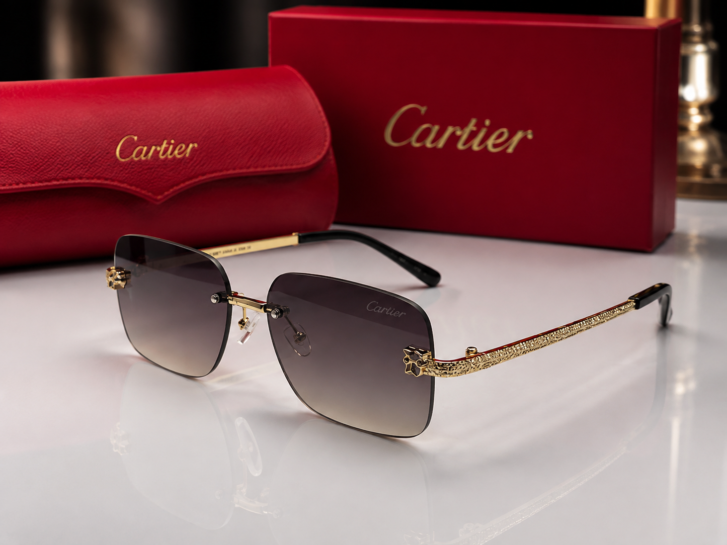 (GS-70) Cartier Rimless Luxury Brown Gradient Sunglasses – Gold Metal Designer Eyewear