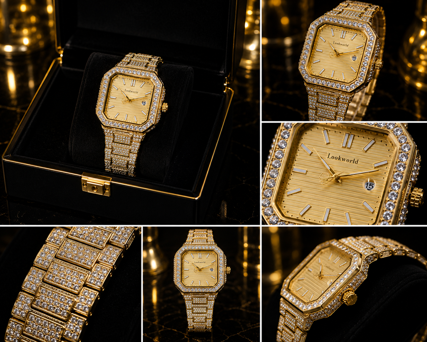 (WH-13) Lookworld Premium Gold Diamond Luxury Watch | Iced-Out Octagonal Dial | Stainless Steel Bracelet | Men's Fashion Watch