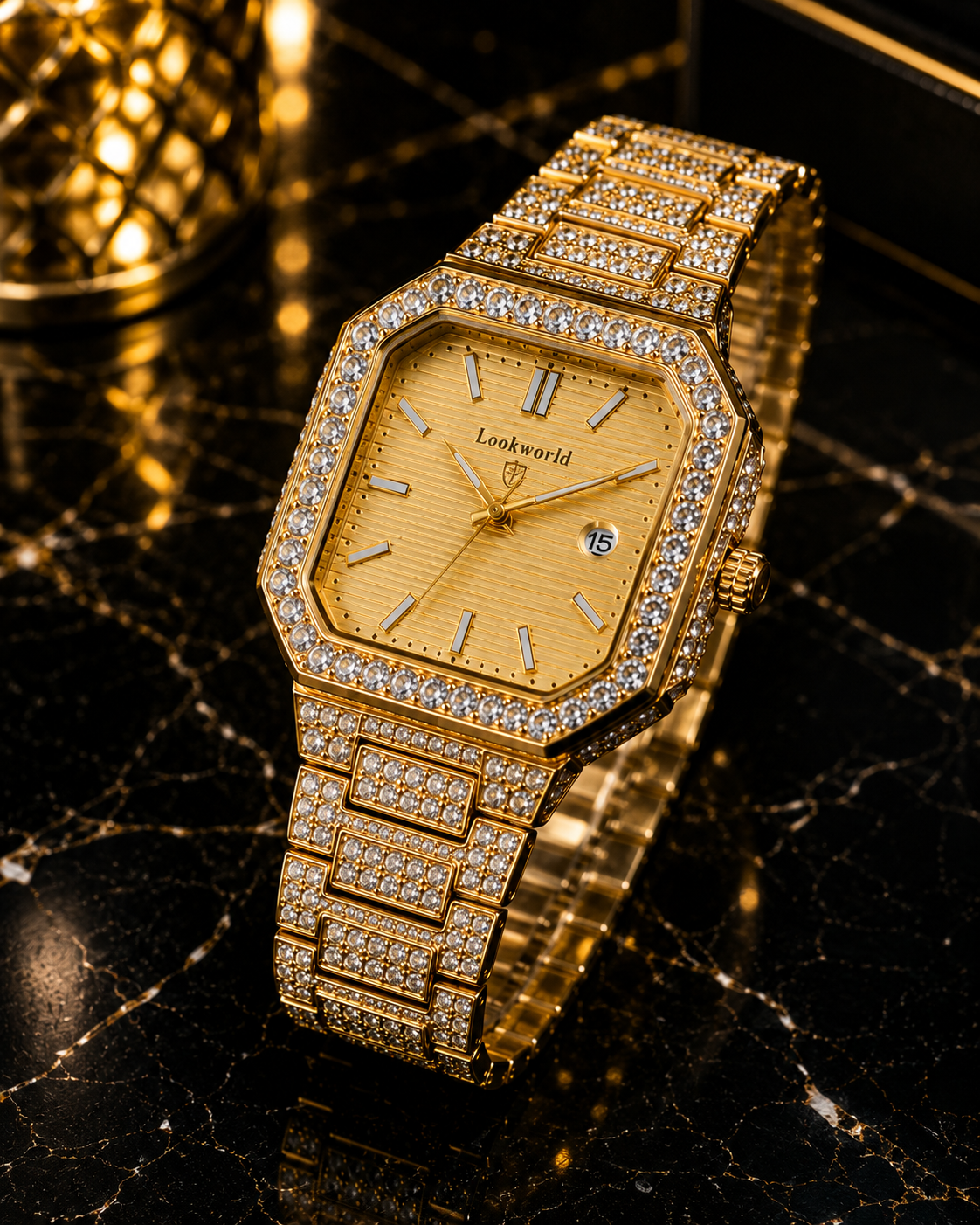(WH-13) Lookworld Premium Gold Diamond Luxury Watch | Iced-Out Octagonal Dial | Stainless Steel Bracelet | Men's Fashion Watch