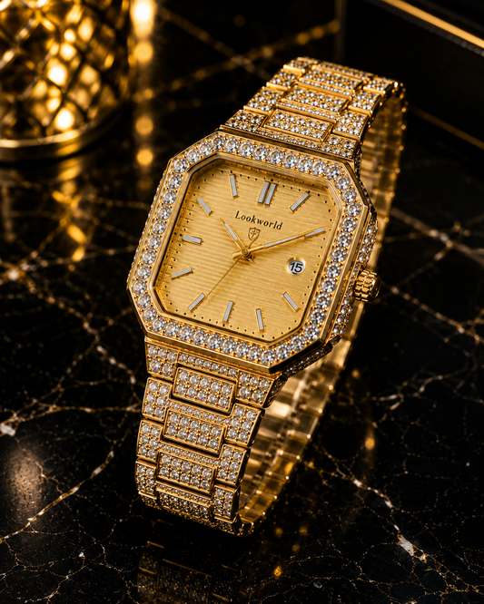 (WH-13) Lookworld Premium Gold Diamond Luxury Watch | Iced-Out Octagonal Dial | Stainless Steel Bracelet | Men's Fashion Watch