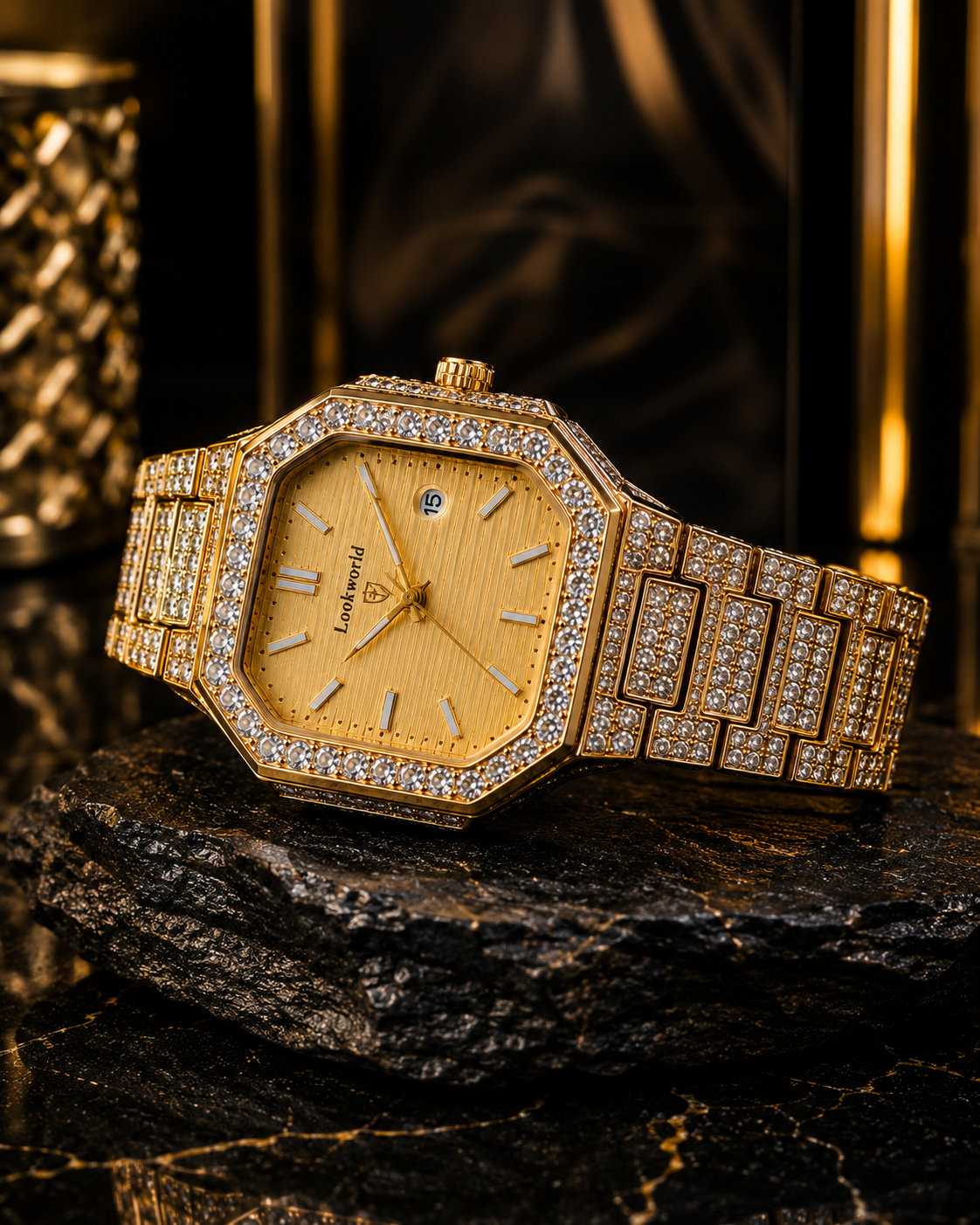 (WH-13) Lookworld Premium Gold Diamond Luxury Watch | Iced-Out Octagonal Dial | Stainless Steel Bracelet | Men's Fashion Watch