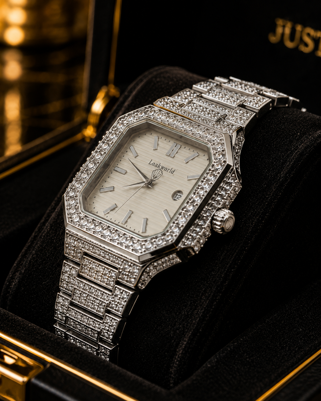 (WH-11) Laakworld Luxury Diamond Square Watch – Premium Iced-Out Stainless Steel Men's Wrist Watch