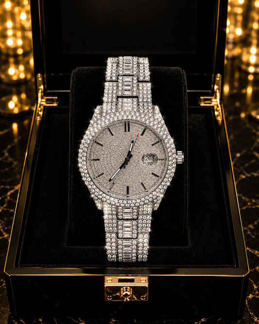 (WH-14) Luxury Iced-Out Diamond Silver Watch | Premium Stainless Steel Quartz Wristwatch | Full Crystal Luxury Edition