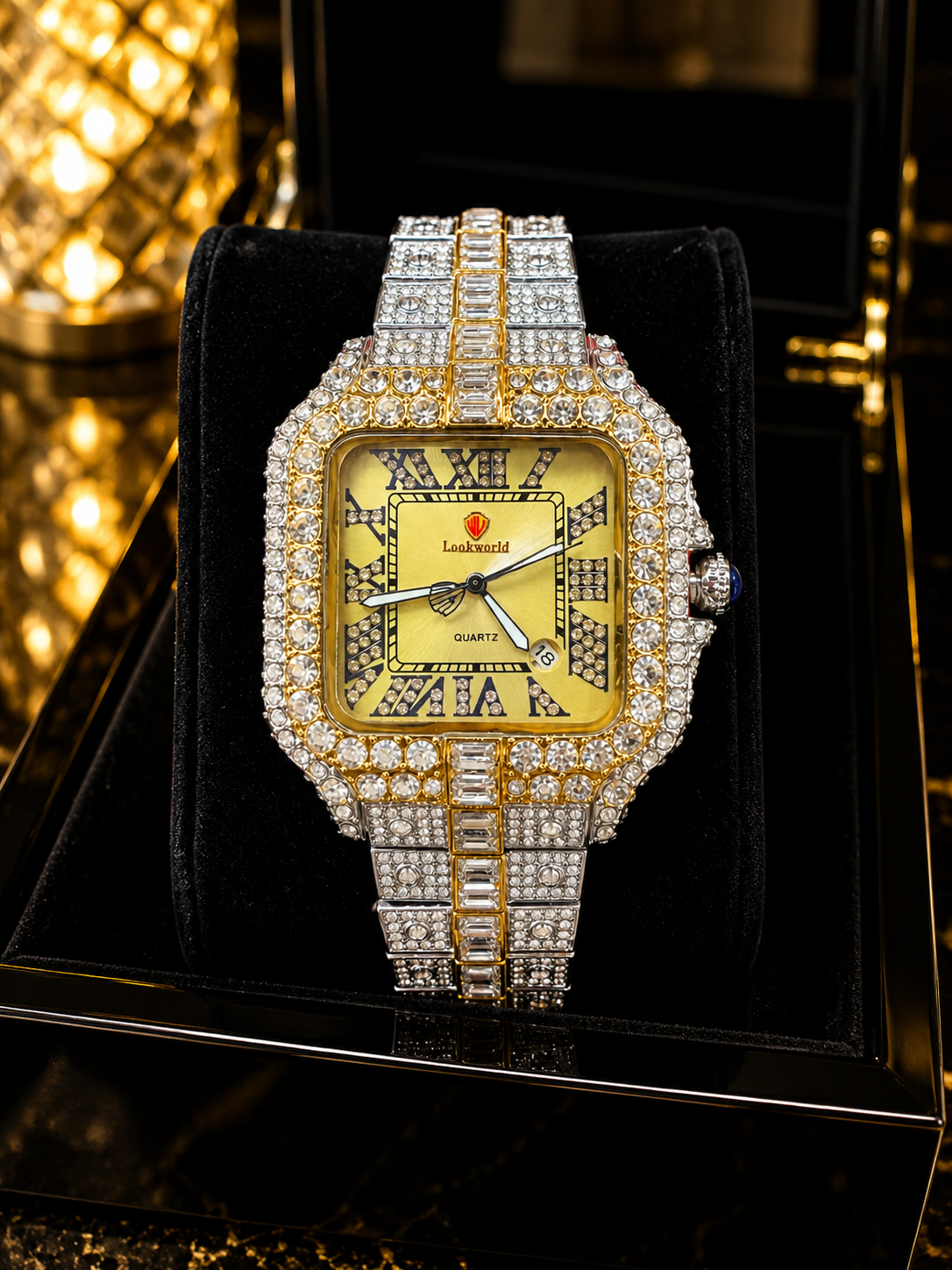 (WH-15) Luxury Iced-Out Square Quartz Watch for Men – Gold Dial Diamond Crystal Two-Tone Bracelet