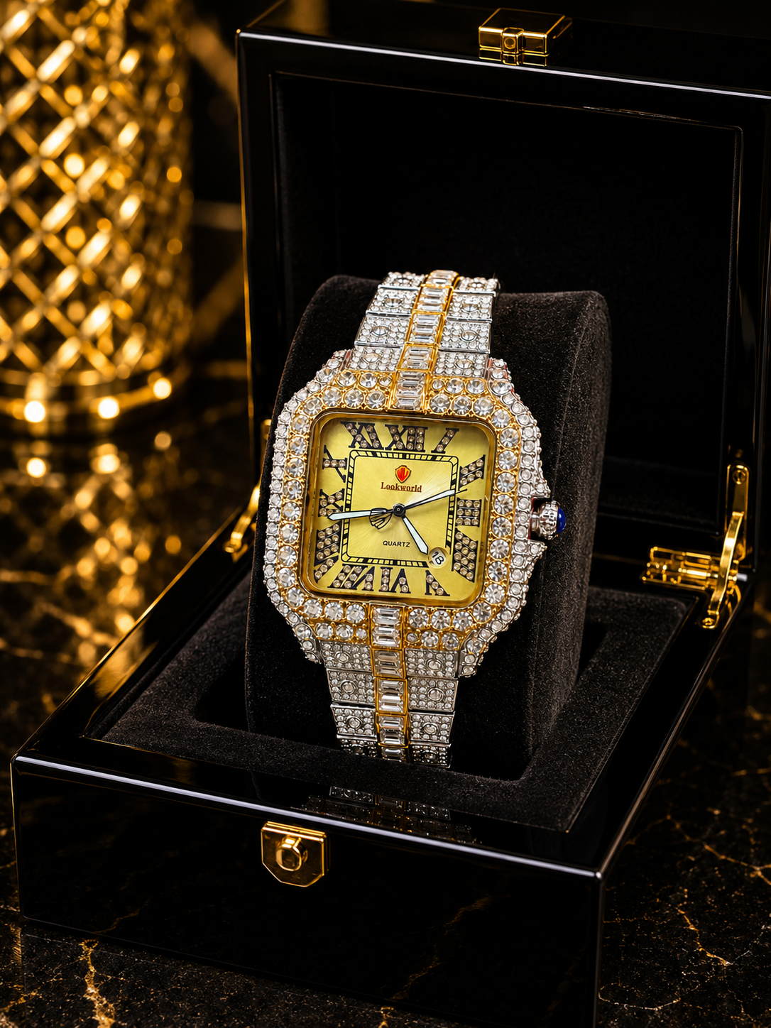 (WH-15) Luxury Iced-Out Square Quartz Watch for Men – Gold Dial Diamond Crystal Two-Tone Bracelet