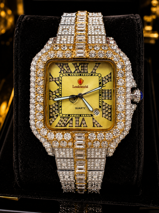 (WH-15) Luxury Iced-Out Square Quartz Watch for Men – Gold Dial Diamond Crystal Two-Tone Bracelet