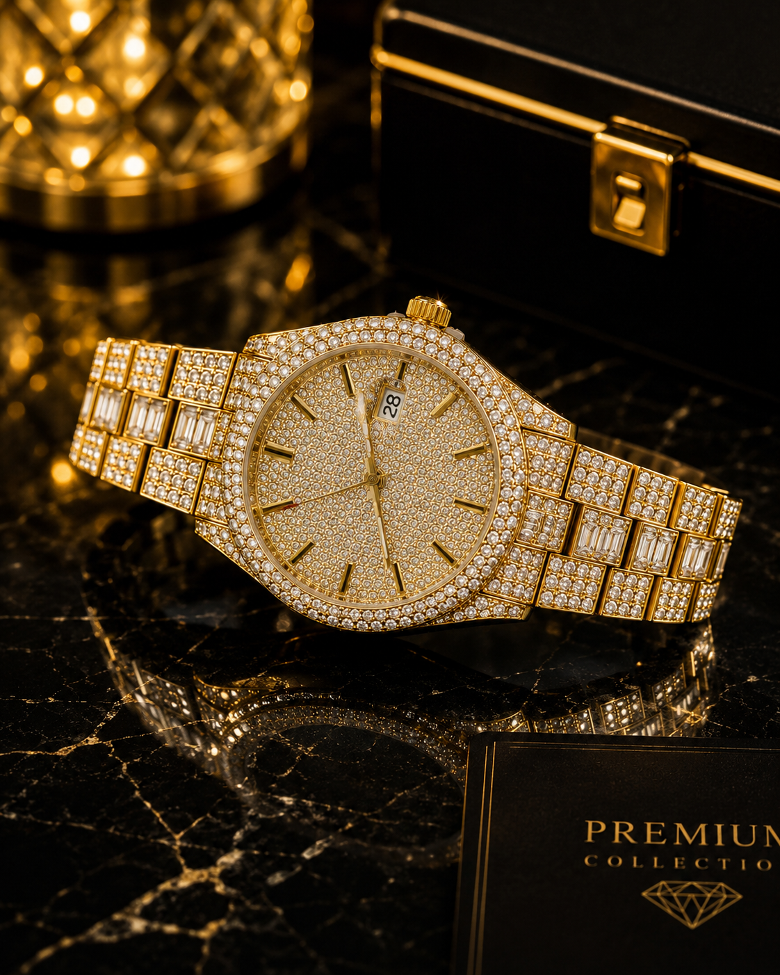 (WH-16) Luxury Iced-Out Gold Crystal Watch for Men – Diamond Dial Quartz Wristwatch