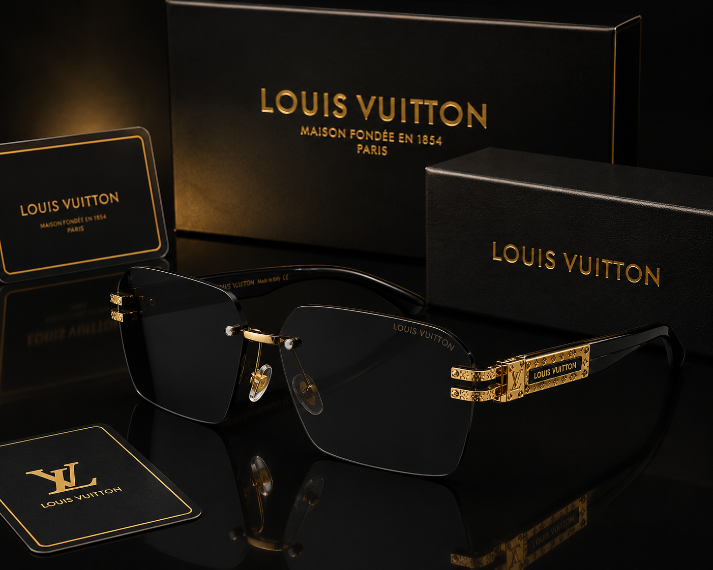 (GS-23) Louis Vuitton Premium Rimless Sunglasses | Black & Gold Luxury Edition | UV400 Protection