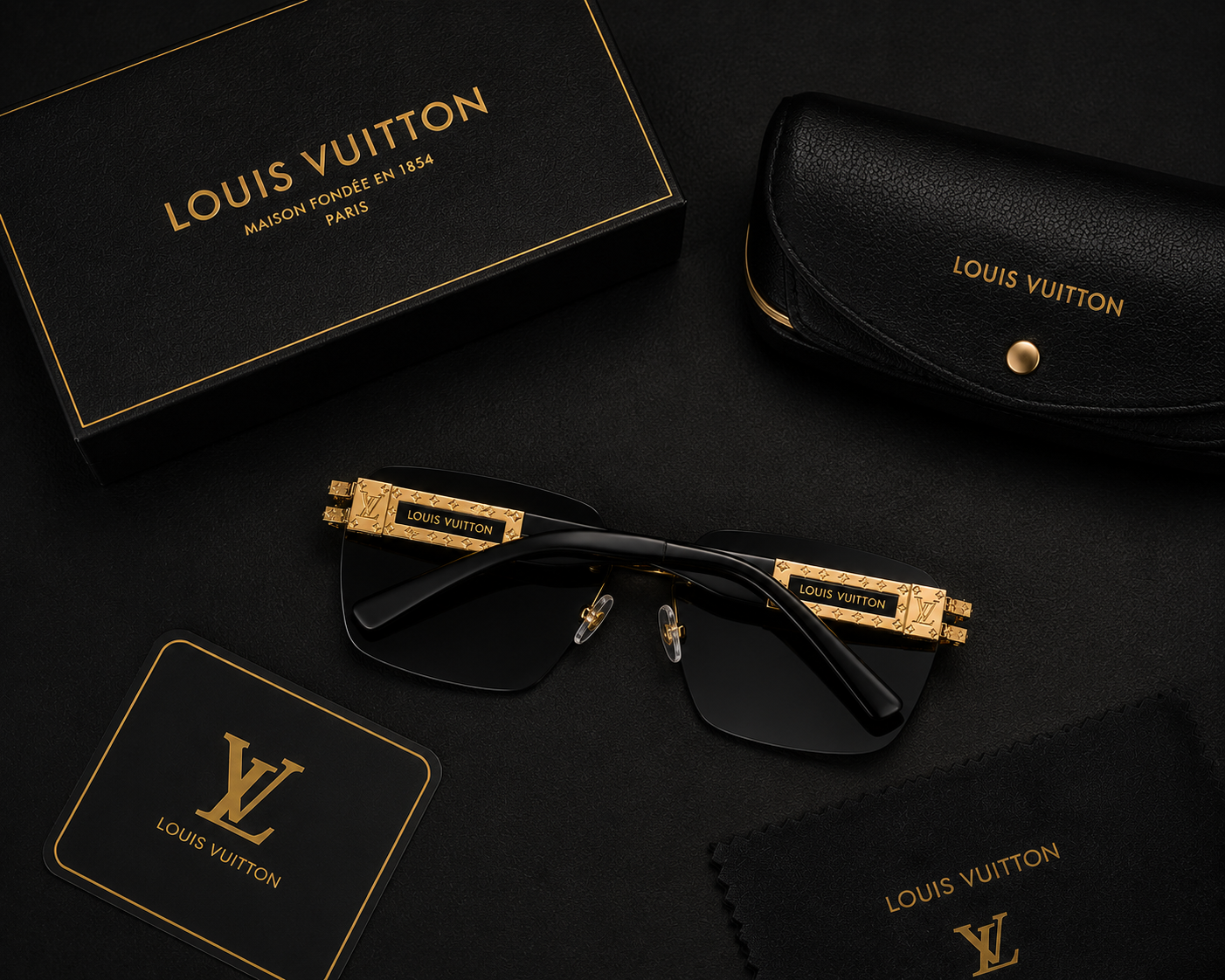 (GS-23) Louis Vuitton Premium Rimless Sunglasses | Black & Gold Luxury Edition | UV400 Protection