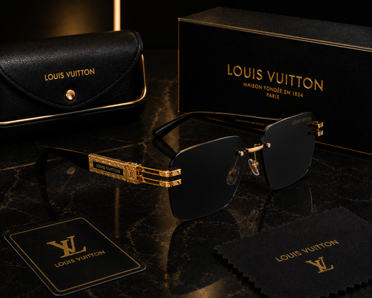 (GS-23) Louis Vuitton Premium Rimless Sunglasses | Black & Gold Luxury Edition | UV400 Protection