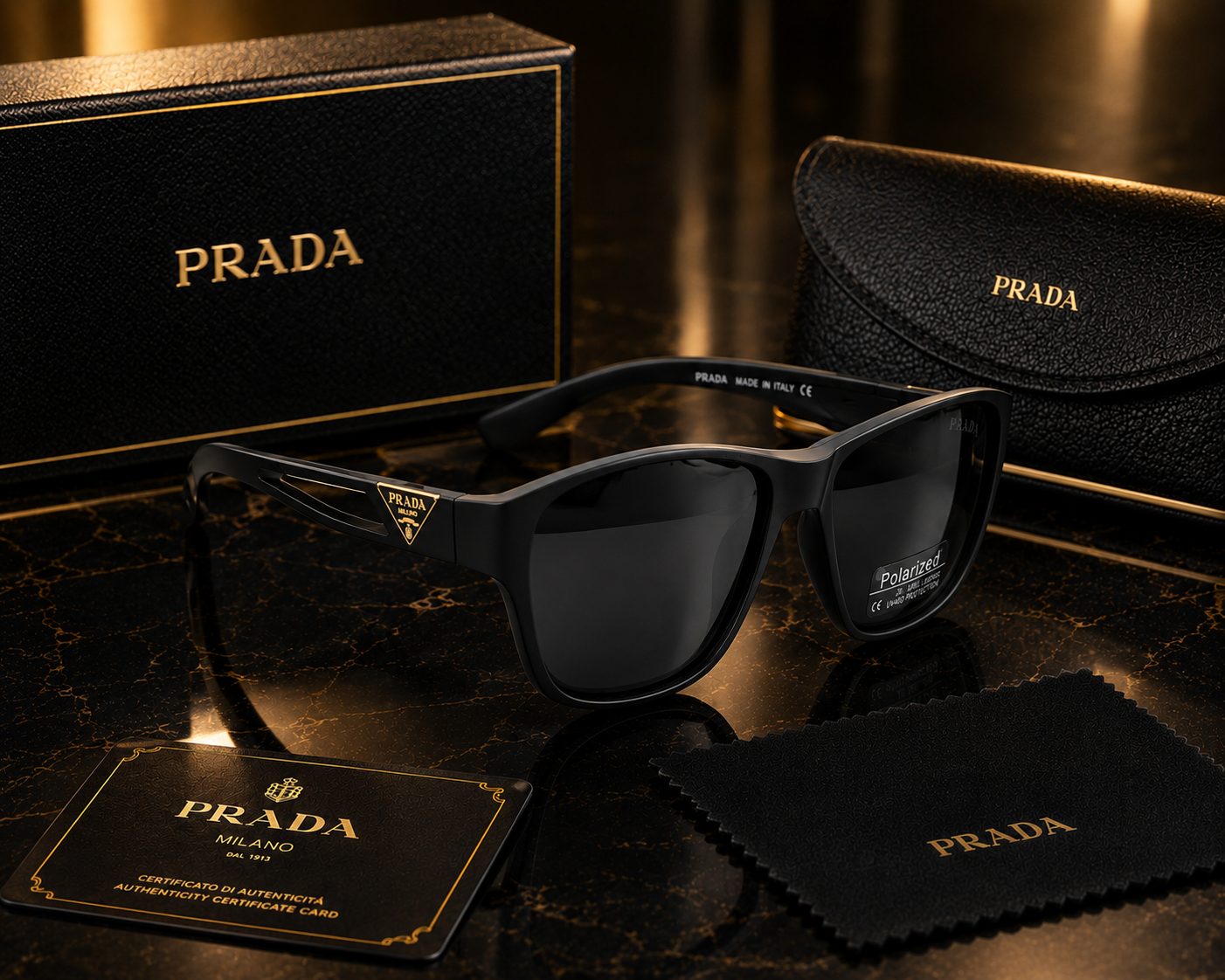 (GS-24) Prada Premium Black Polarized Square Sunglasses with Luxury Gift Box & Accessories