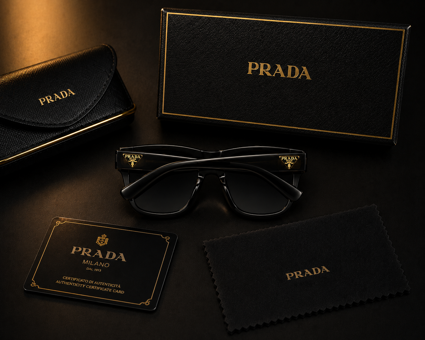 (GS-24) Prada Premium Black Polarized Square Sunglasses with Luxury Gift Box & Accessories