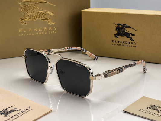 (GS-29) Burberry Premium Square Metal Frame Sunglasses – Silver Frame | Black UV400 Lenses | Luxury Designer Eyewear