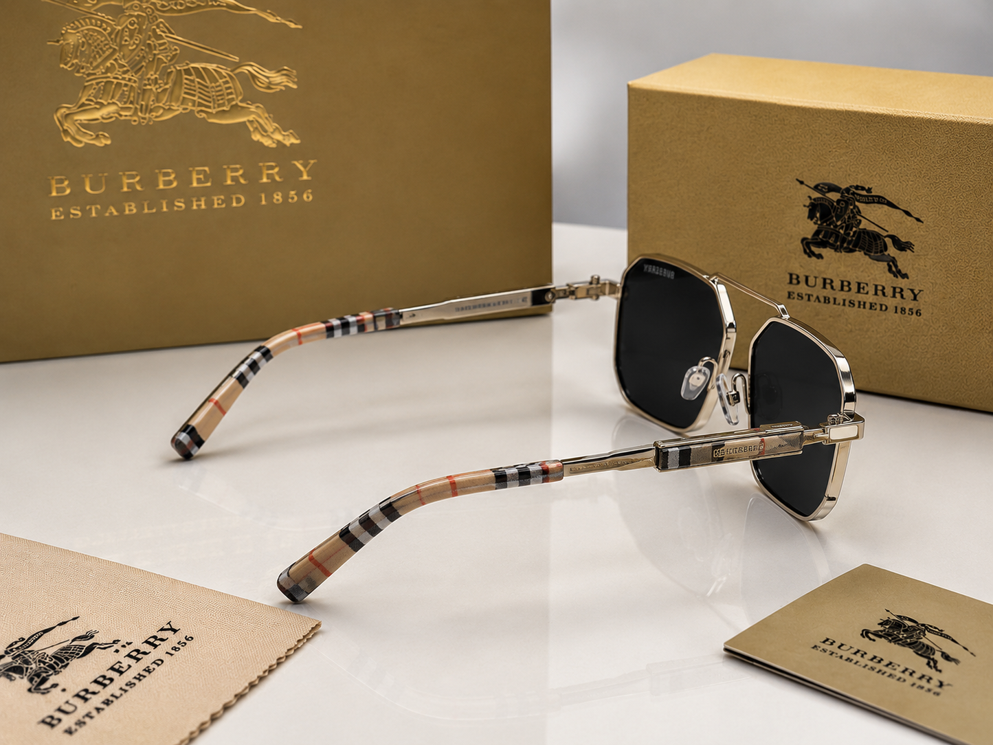 (GS-29) Burberry Premium Square Metal Frame Sunglasses – Silver Frame | Black UV400 Lenses | Luxury Designer Eyewear
