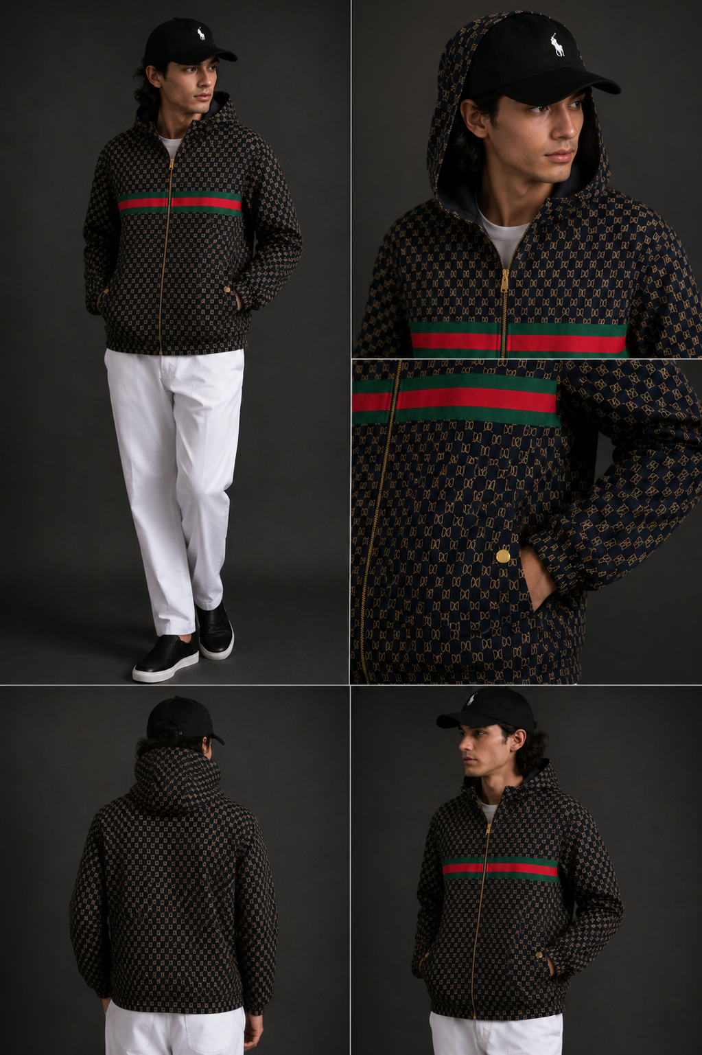 (CJ-6) Premium Men's Monogram Hooded Zip-Up Jacket – Black & Gold with Signature Stripe