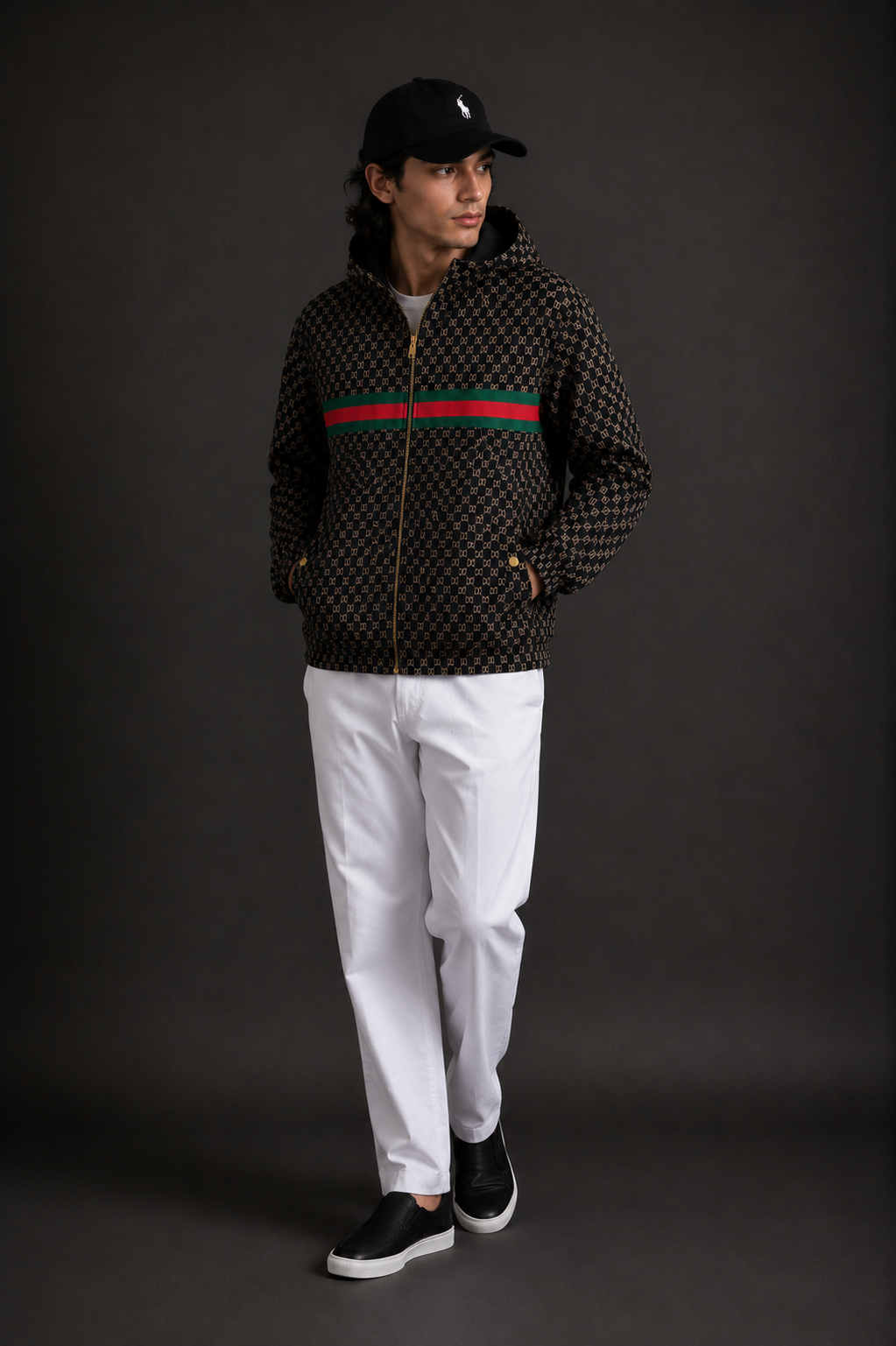 (CJ-6) Premium Men's Monogram Hooded Zip-Up Jacket – Black & Gold with Signature Stripe