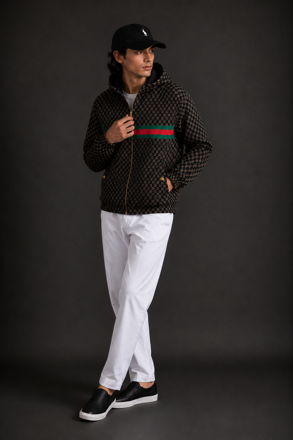 (CJ-6) Premium Men's Monogram Hooded Zip-Up Jacket – Black & Gold with Signature Stripe