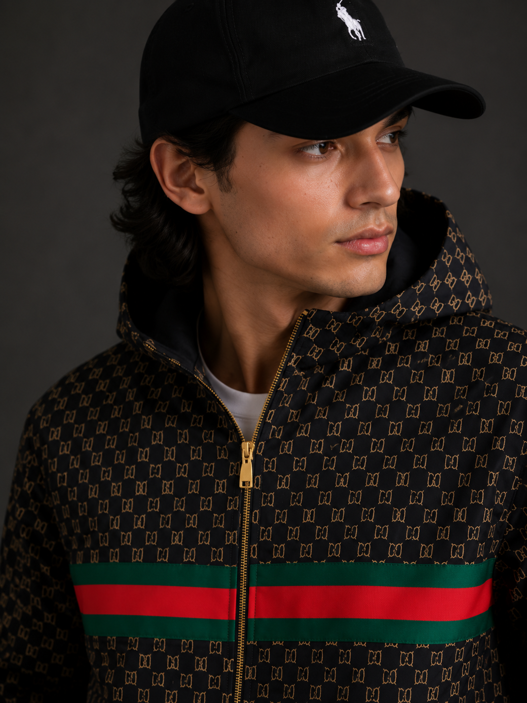 (CJ-6) Premium Men's Monogram Hooded Zip-Up Jacket – Black & Gold with Signature Stripe