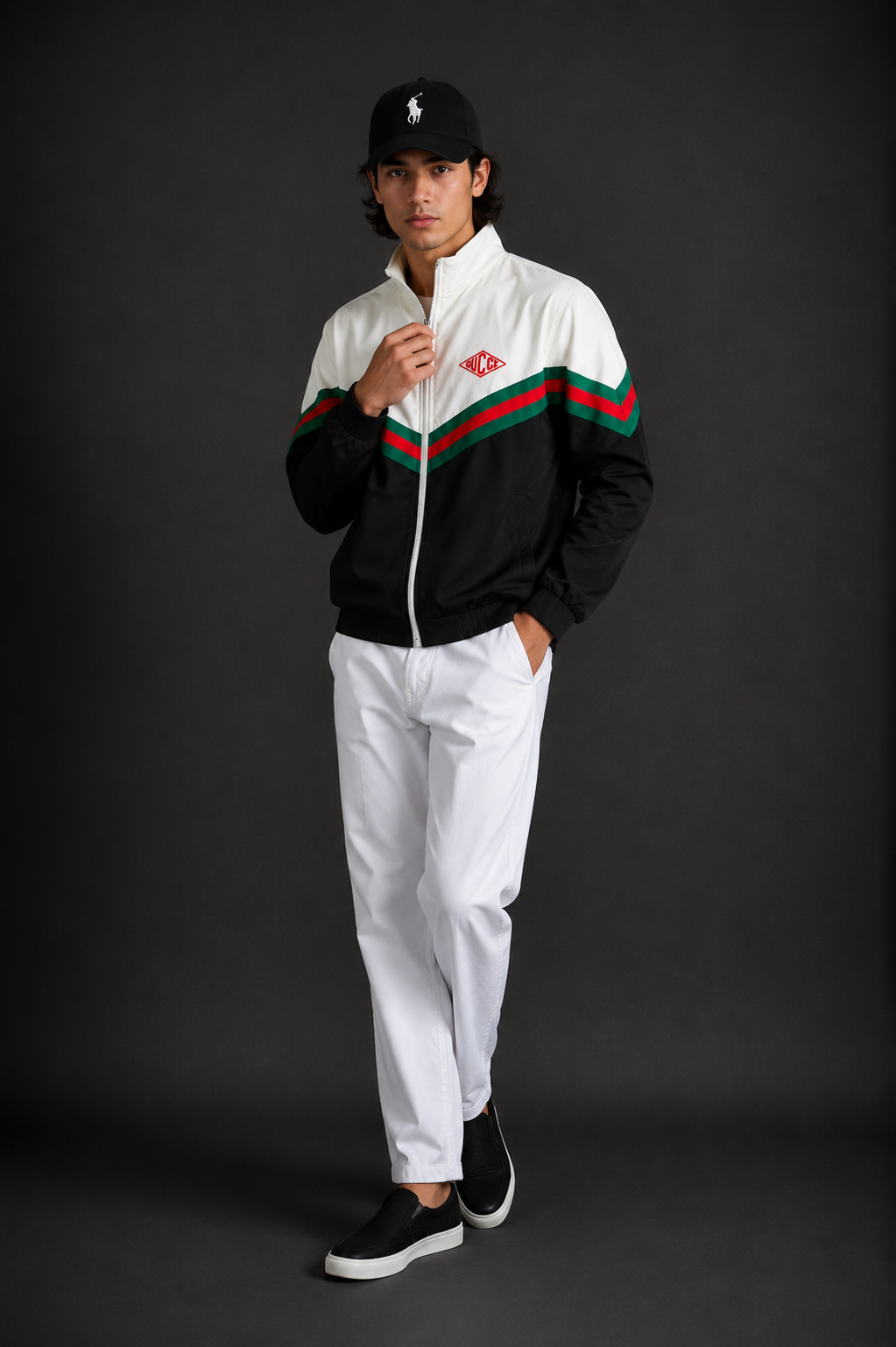 (CJ-7) Premium Men's Color Block Zip-Up Jacket – White & Black with Signature Green-Red Stripe