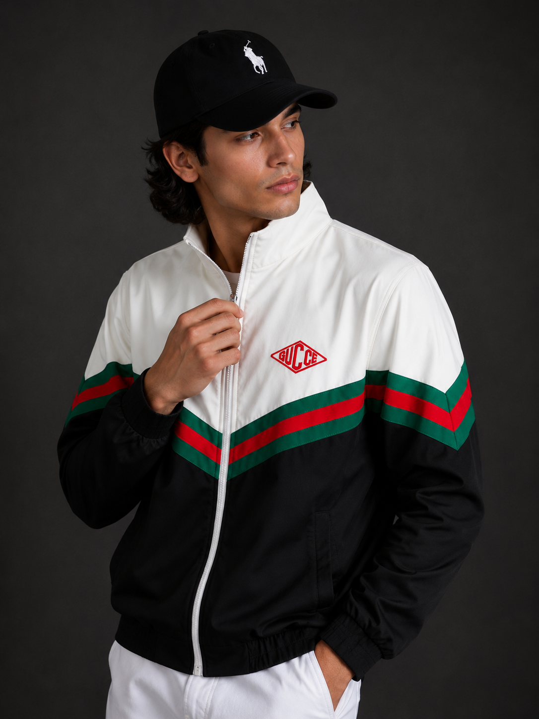 (CJ-7) Premium Men's Color Block Zip-Up Jacket – White & Black with Signature Green-Red Stripe