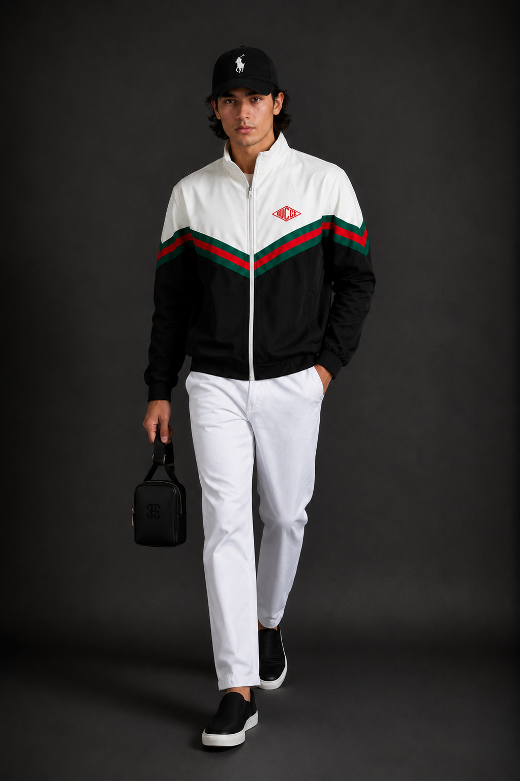 (CJ-7) Premium Men's Color Block Zip-Up Jacket – White & Black with Signature Green-Red Stripe