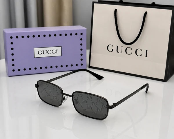 (GS-36) GUCCI Signature Monogram Rimless Rectangle Sunglasses – Black Frame & Grey Logo Lenses