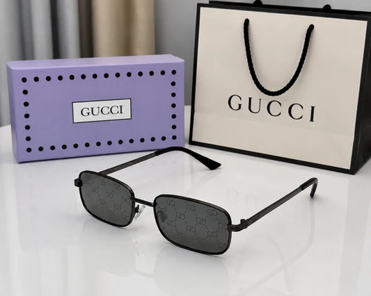 (GS-36) GUCCI Signature Monogram Rimless Rectangle Sunglasses – Black Frame & Grey Logo Lenses