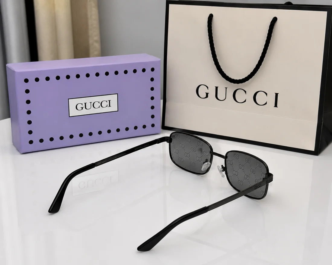 (GS-36) GUCCI Signature Monogram Rimless Rectangle Sunglasses – Black Frame & Grey Logo Lenses