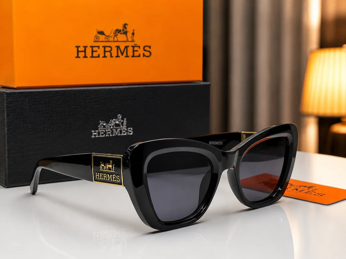 (GS-49) Hermès Luxury Oversized Black Cat-Eye Sunglasses | Premium UV Protection Eyewear