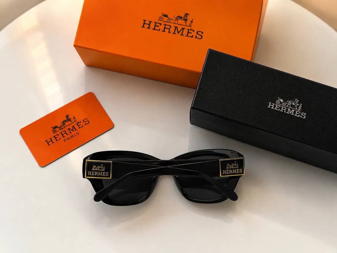 (GS-49) Hermès Luxury Oversized Black Cat-Eye Sunglasses | Premium UV Protection Eyewear