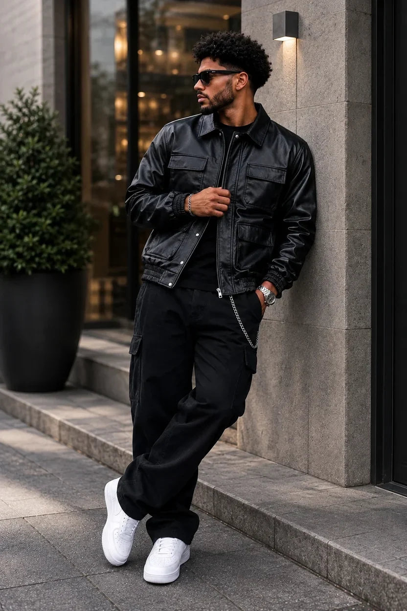(CJ-20) Premium Black Cargo Leather Jacket