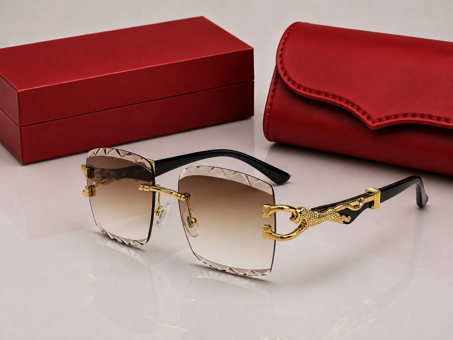 (GS-79) Luxury Panther Rimless Square Sunglasses – Gold Metal Frame | Premium UV400 Fashion Eyewear