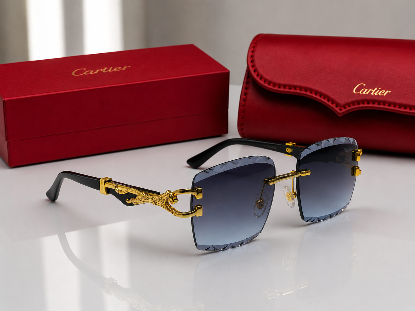 (GS-79) Luxury Panther Rimless Square Sunglasses – Gold Metal Frame | Premium UV400 Fashion Eyewear
