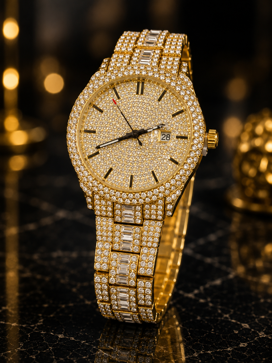 (WH-16) Luxury Iced-Out Gold Crystal Watch for Men – Diamond Dial Quartz Wristwatch