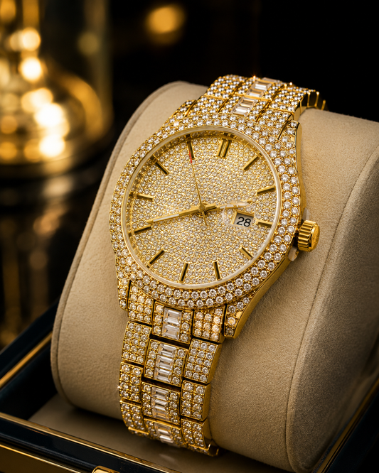 (WH-16) Luxury Iced-Out Gold Crystal Watch for Men – Diamond Dial Quartz Wristwatch
