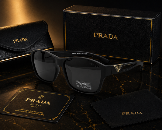 (GS-24) Prada Premium Black Polarized Square Sunglasses with Luxury Gift Box & Accessories