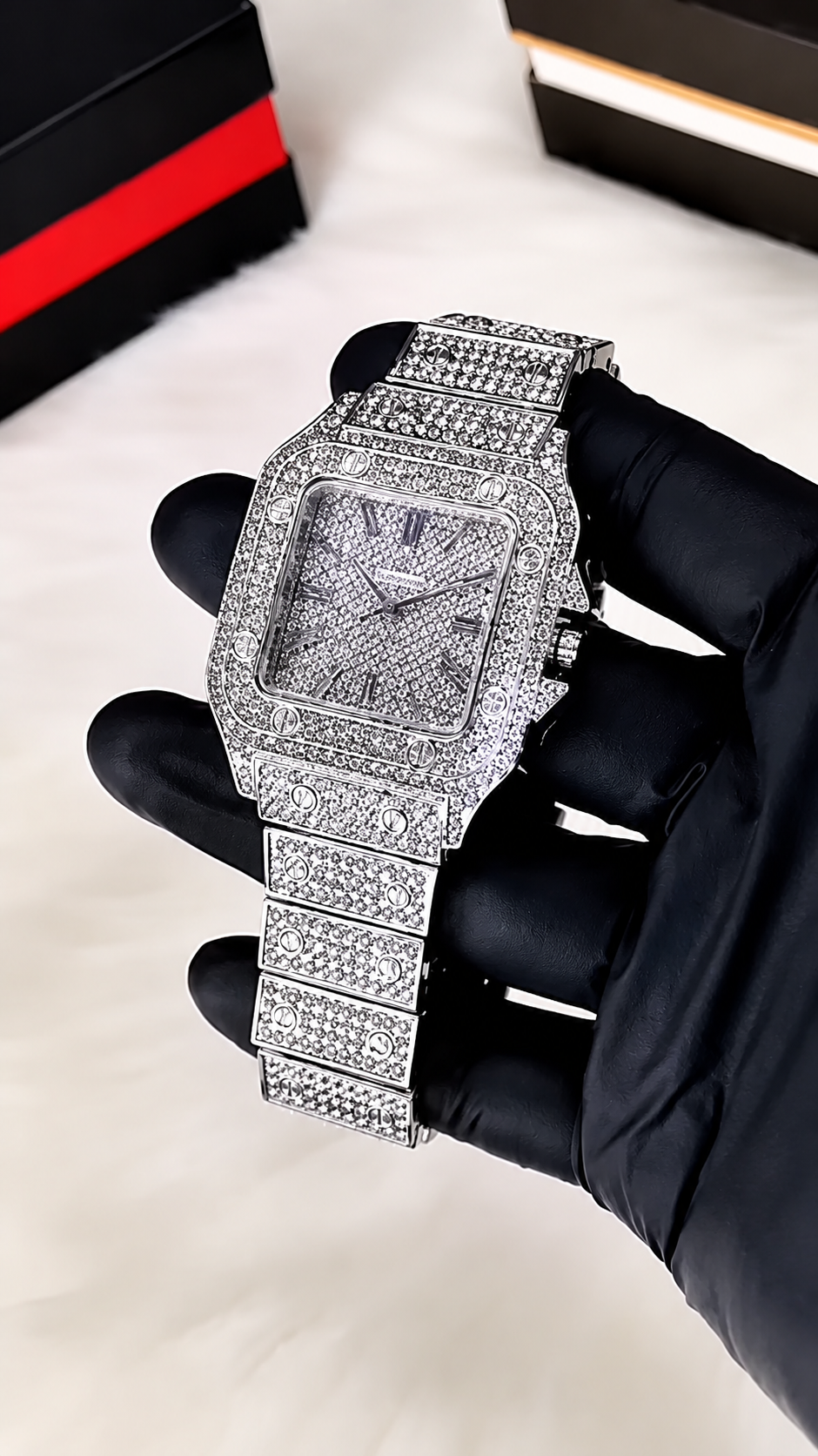 (WH-18) Luxury Iced Out Square Diamond Watch | Silver & Rose Gold Edition