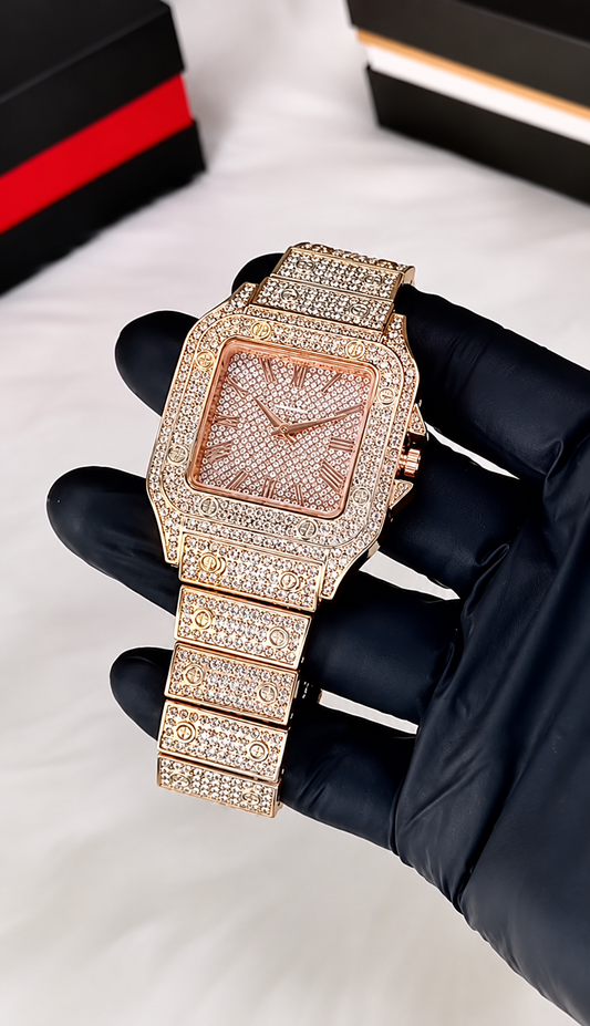 (WH-18) Luxury Iced Out Square Diamond Watch | Silver & Rose Gold Edition