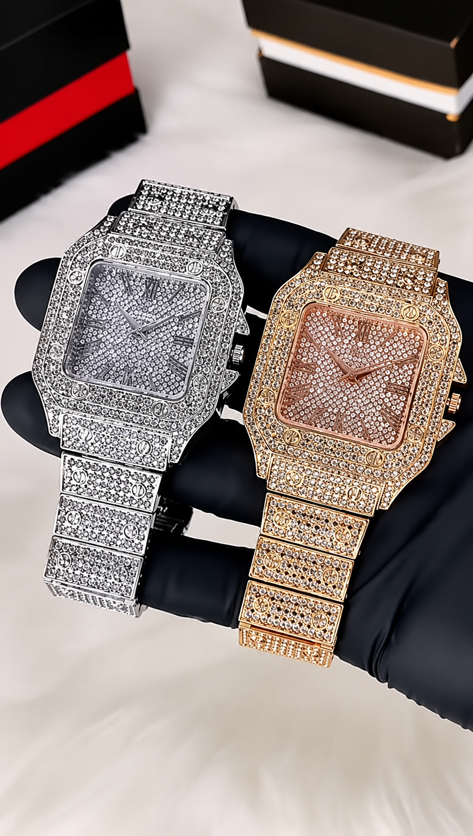 (WH-18) Luxury Iced Out Square Diamond Watch | Silver & Rose Gold Edition