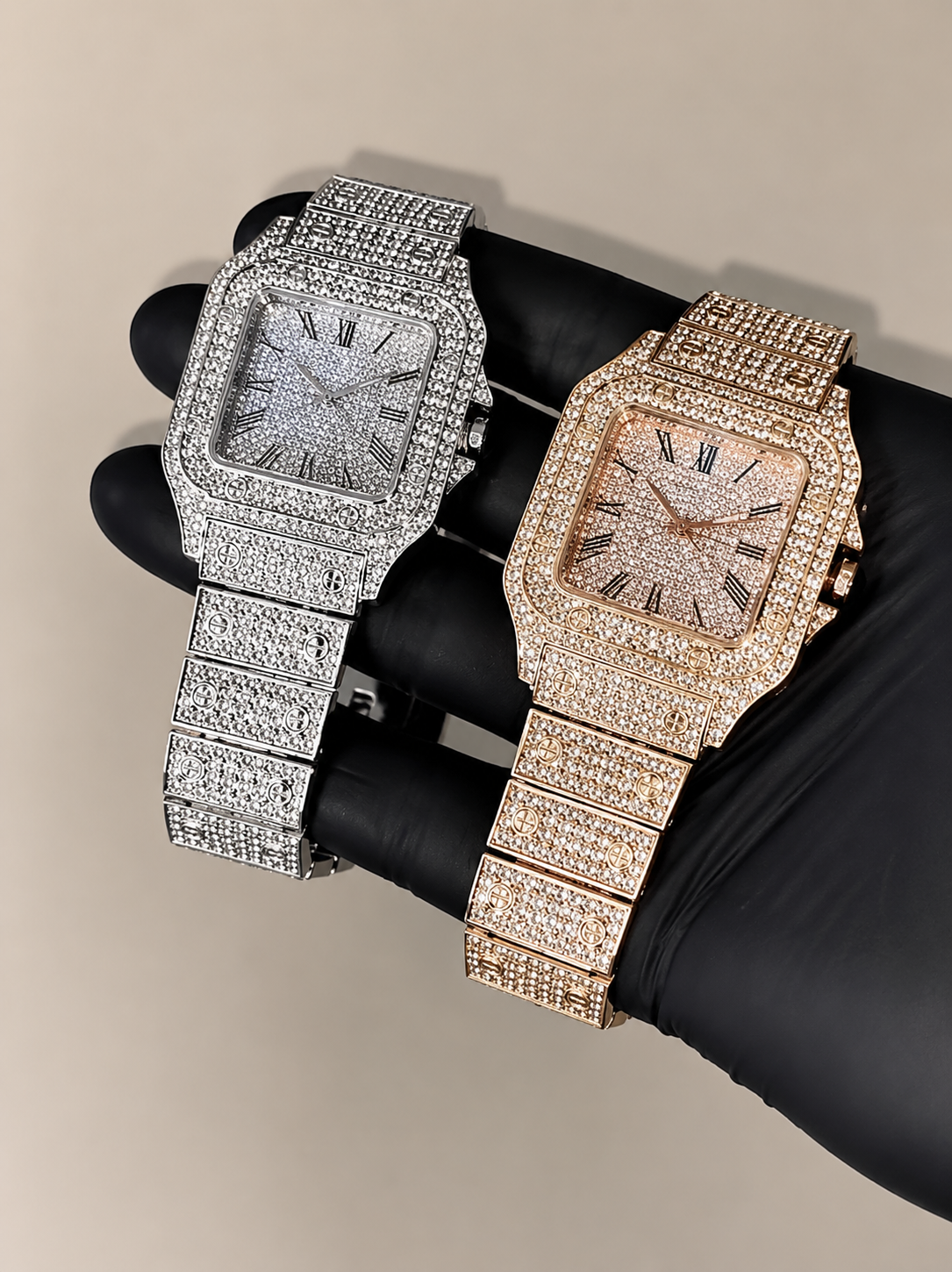 (WH-18) Luxury Iced Out Square Diamond Watch | Silver & Rose Gold Edition