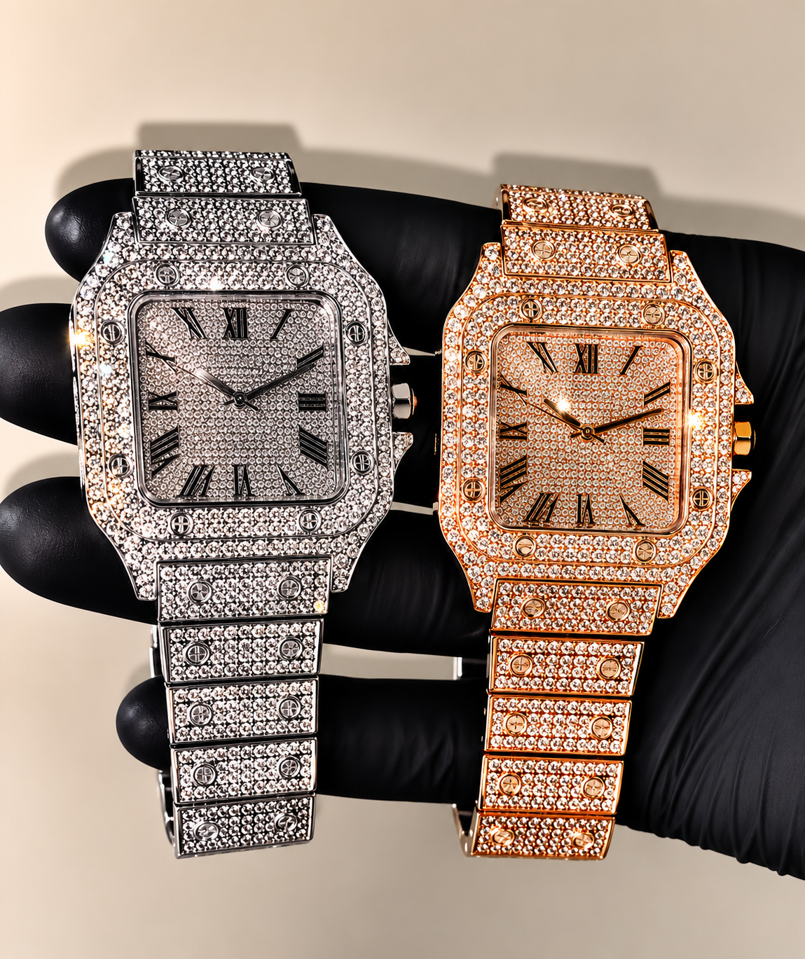 (WH-18) Luxury Iced Out Square Diamond Watch | Silver & Rose Gold Edition