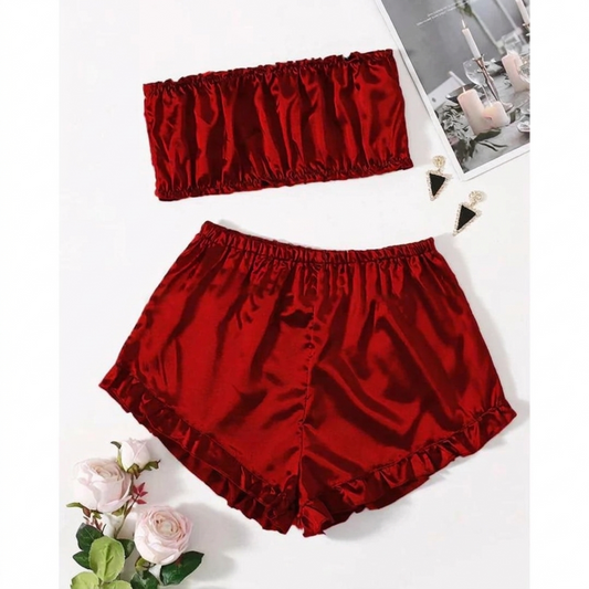 satin Frill Trim Tube Top & Shorts PJ Set CHK # p48