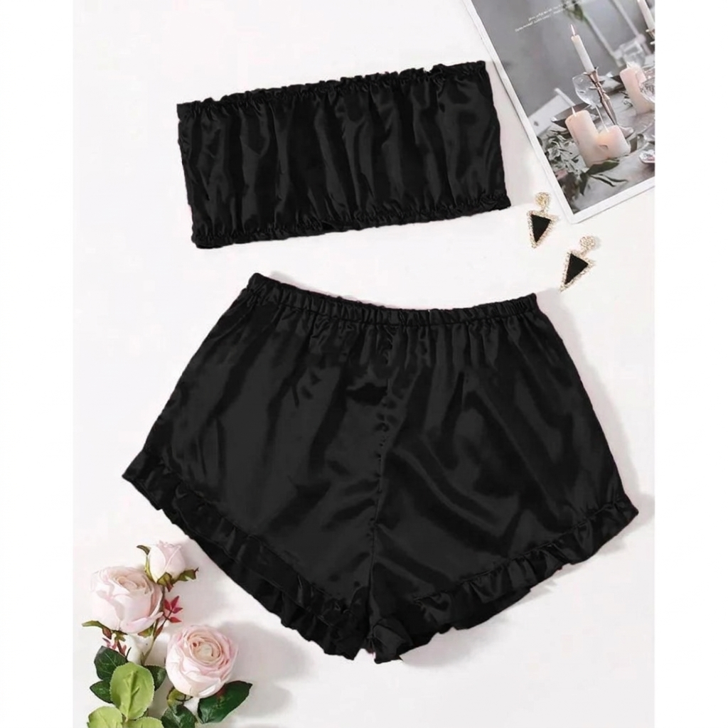satin Frill Trim Tube Top & Shorts PJ Set CHK # p48