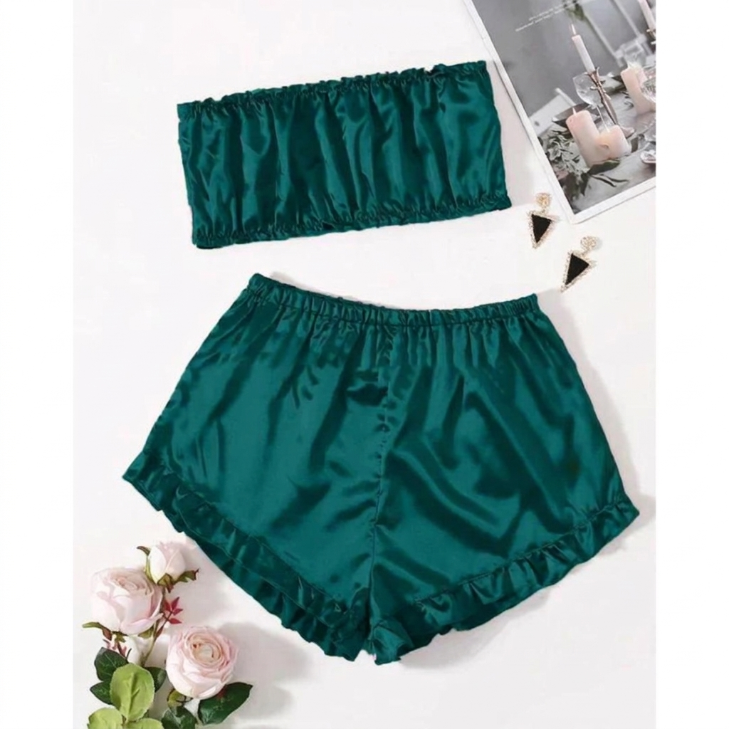 satin Frill Trim Tube Top & Shorts PJ Set CHK # p48