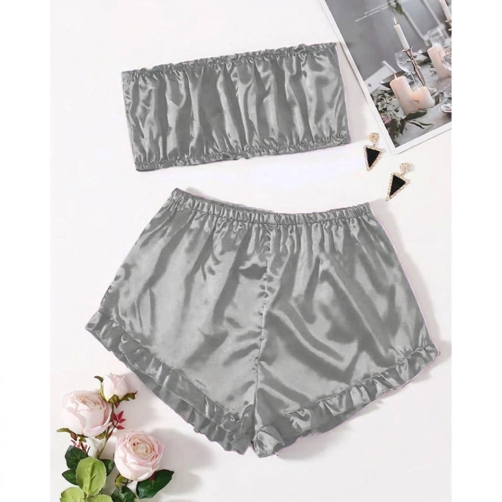 satin Frill Trim Tube Top & Shorts PJ Set CHK # p48