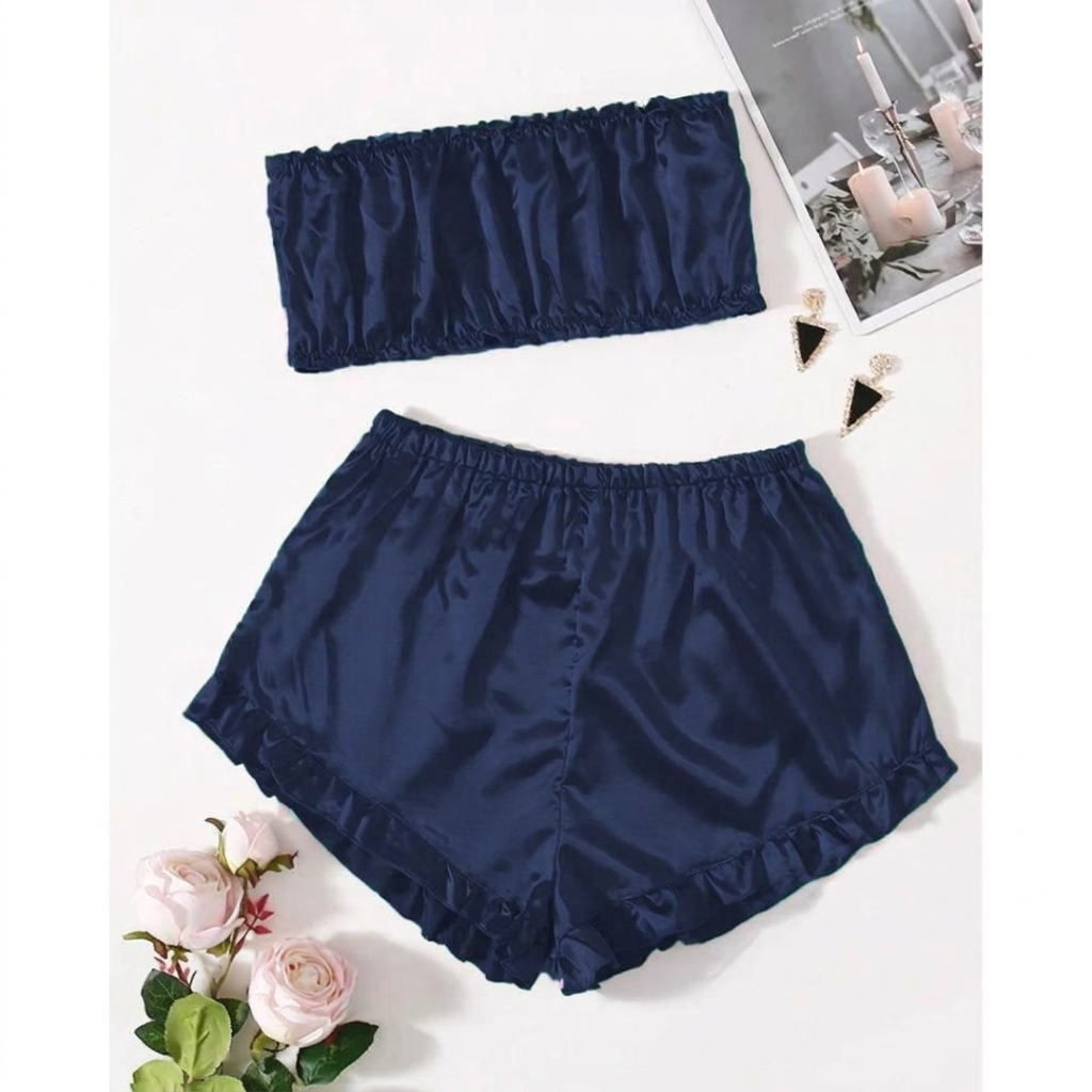 satin Frill Trim Tube Top & Shorts PJ Set CHK # p48