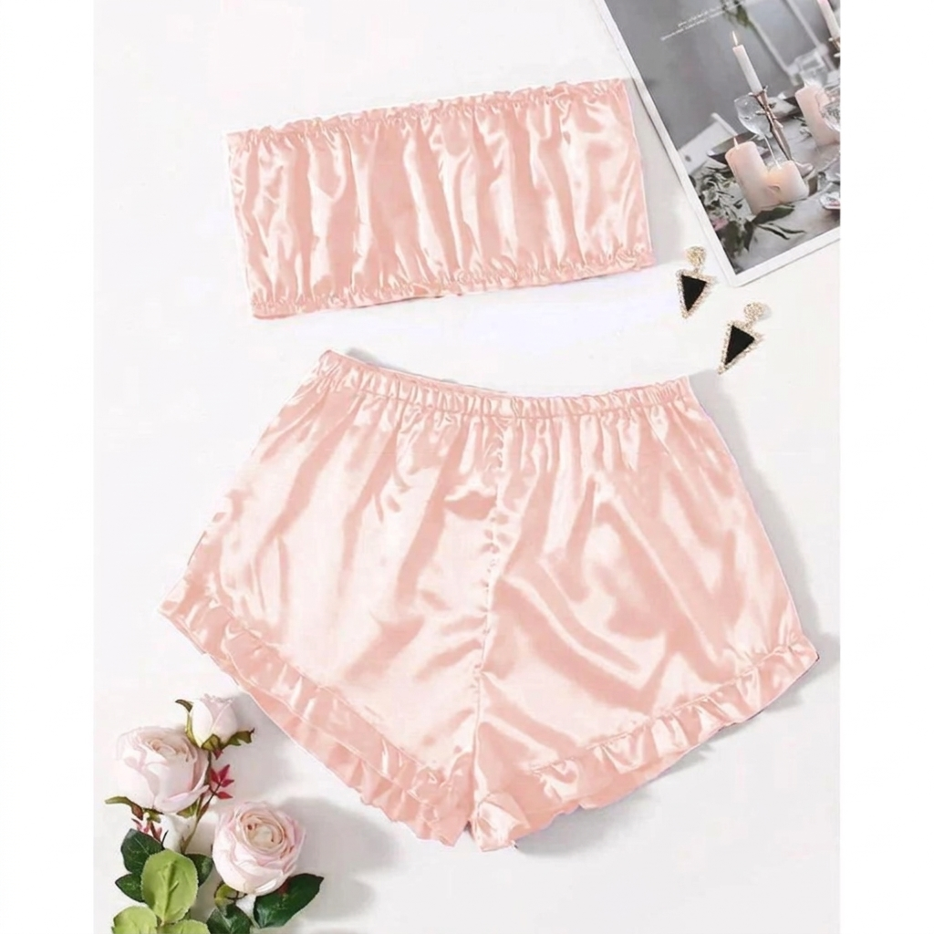 satin Frill Trim Tube Top & Shorts PJ Set CHK # p48