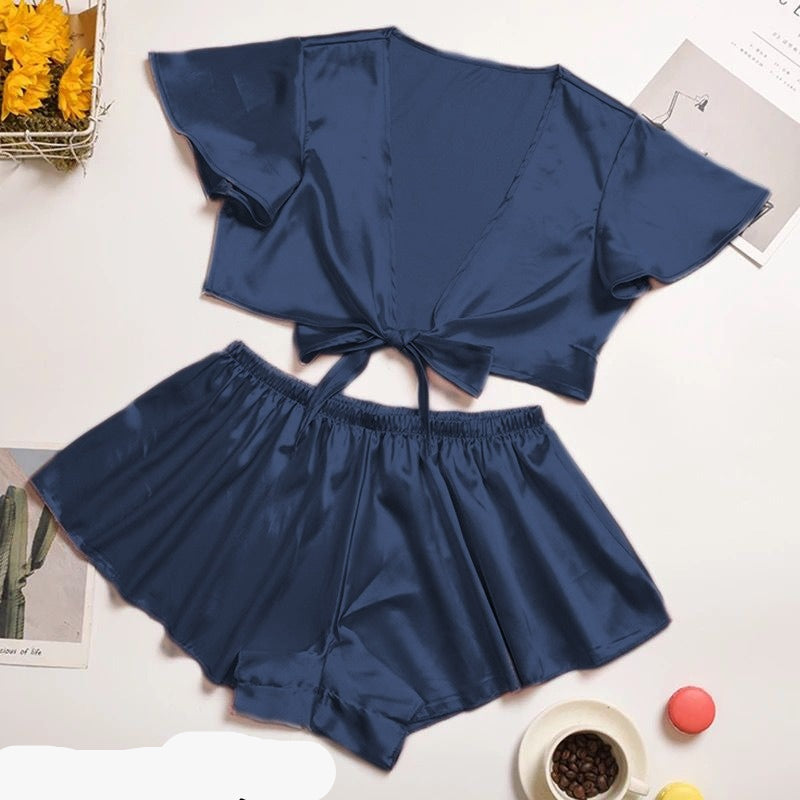 silk imitation front knot shirt with elastic boxer sleepwear set CHK # p39